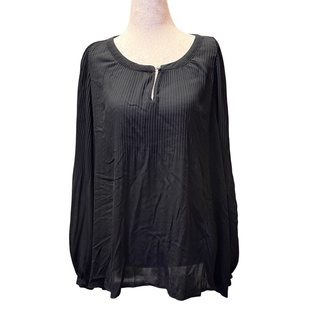 APT 9 Pleated Long Sleeve Keyhole Neck Blouse Womens‎ XL Black Olive Green